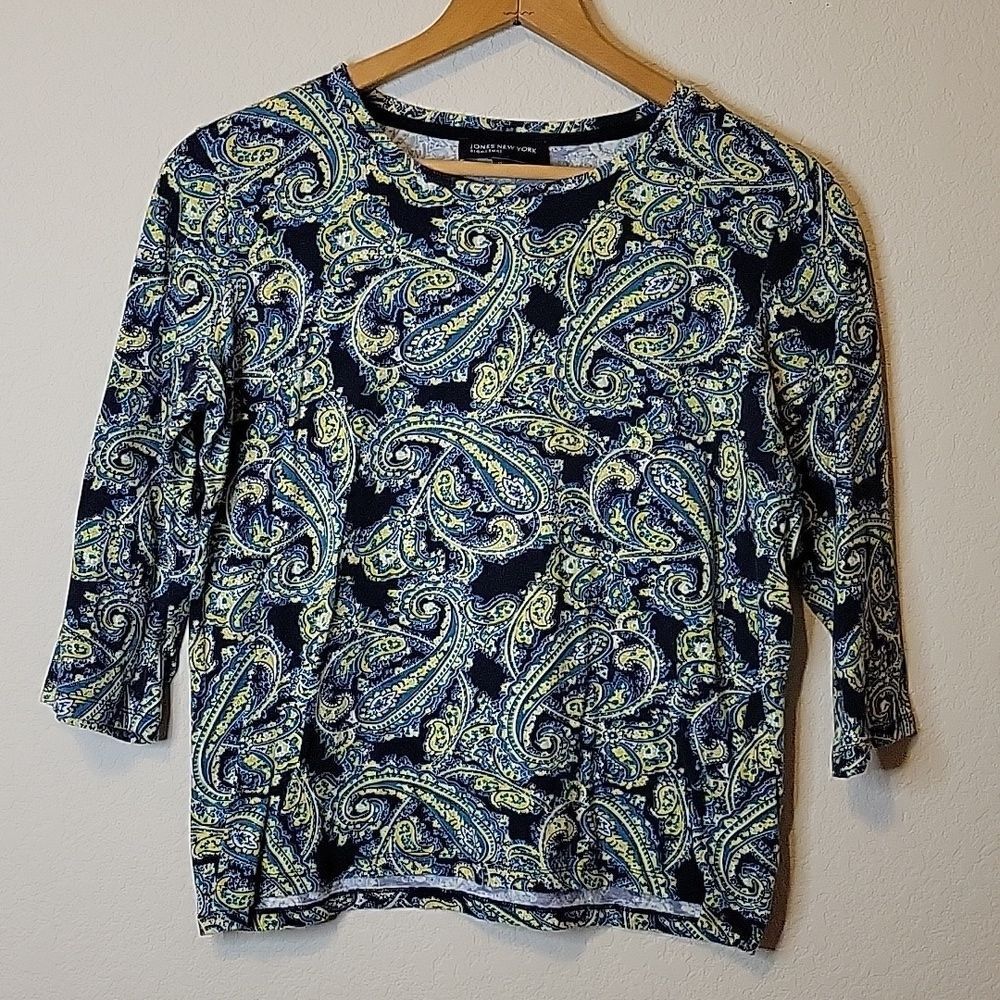 Jones New York Signature 3/4 sleeve casual shirt blue/green/black size XL